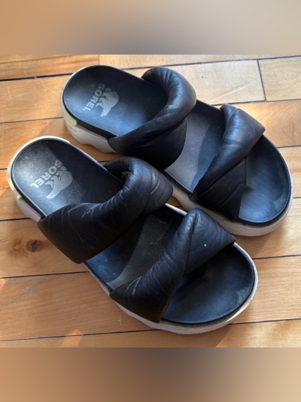 Sorel Sz 7.5 Black Viibe Twist Leather Slide Sandals